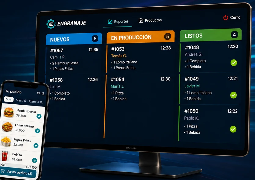 Panel de producción y app de pedidos de Engranaje
